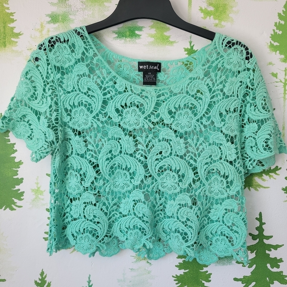 Wet Seal Women's Teal Lace Crochet Crop Top.